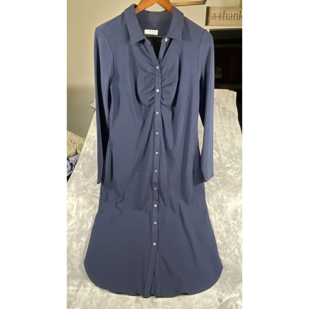Untuckit Navy Blue‎ Dress Midi Stretch Size 10 Ruched Button Front Fitted Soft